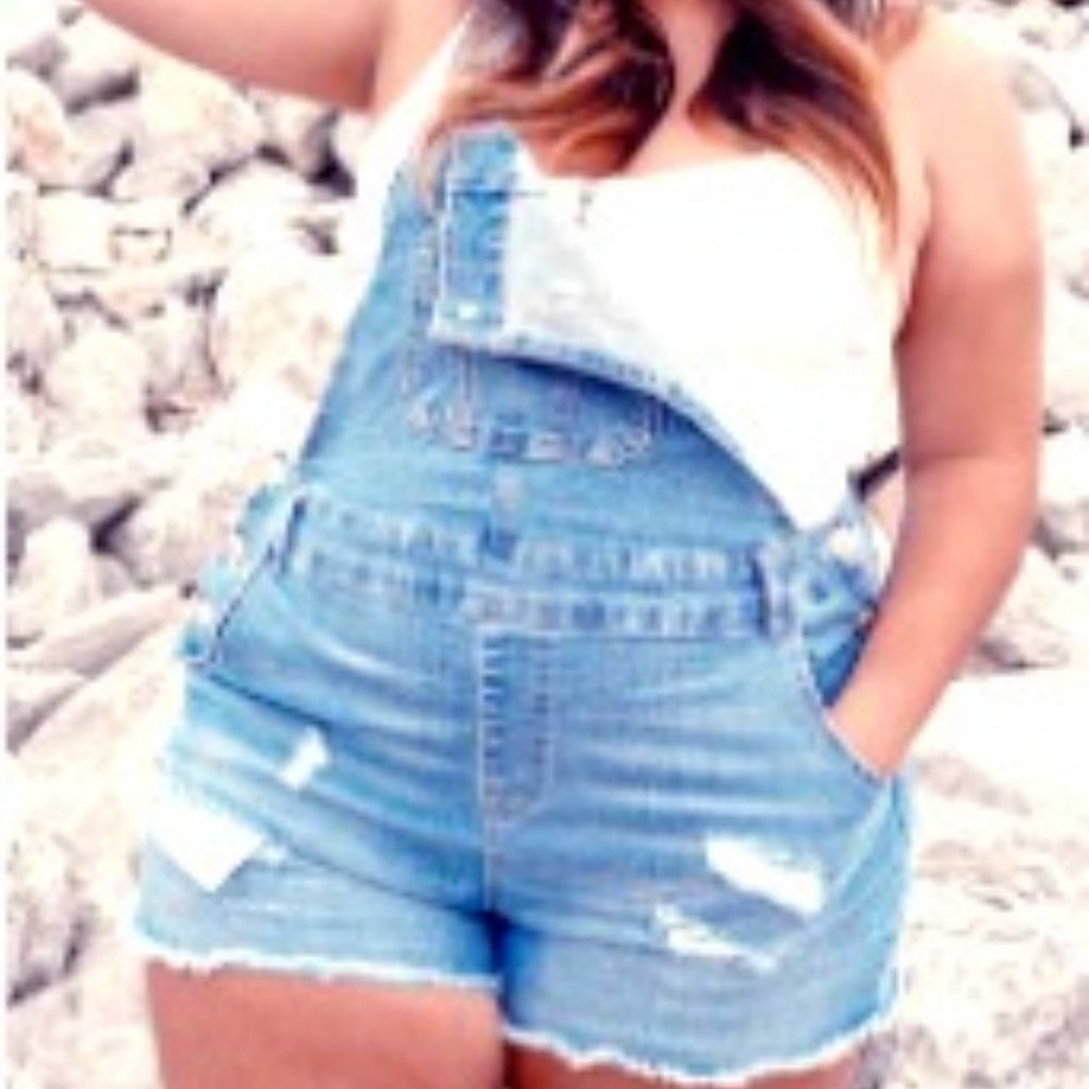 Distressed Denim Overall Shorts